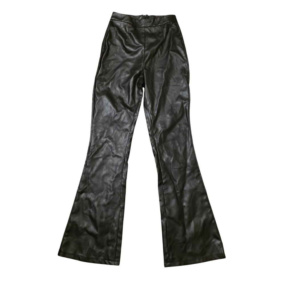White Fox Black Faux Leather Flare Pants High Waisted Vegan Trousers Small